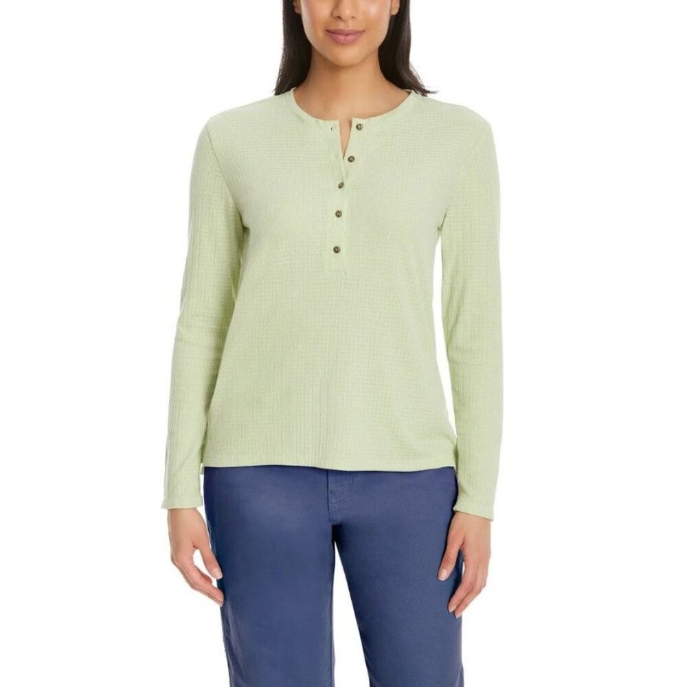 GH Bass Womens M Textured Henley Button Top Lightweight Long Sleeve Shirt Green